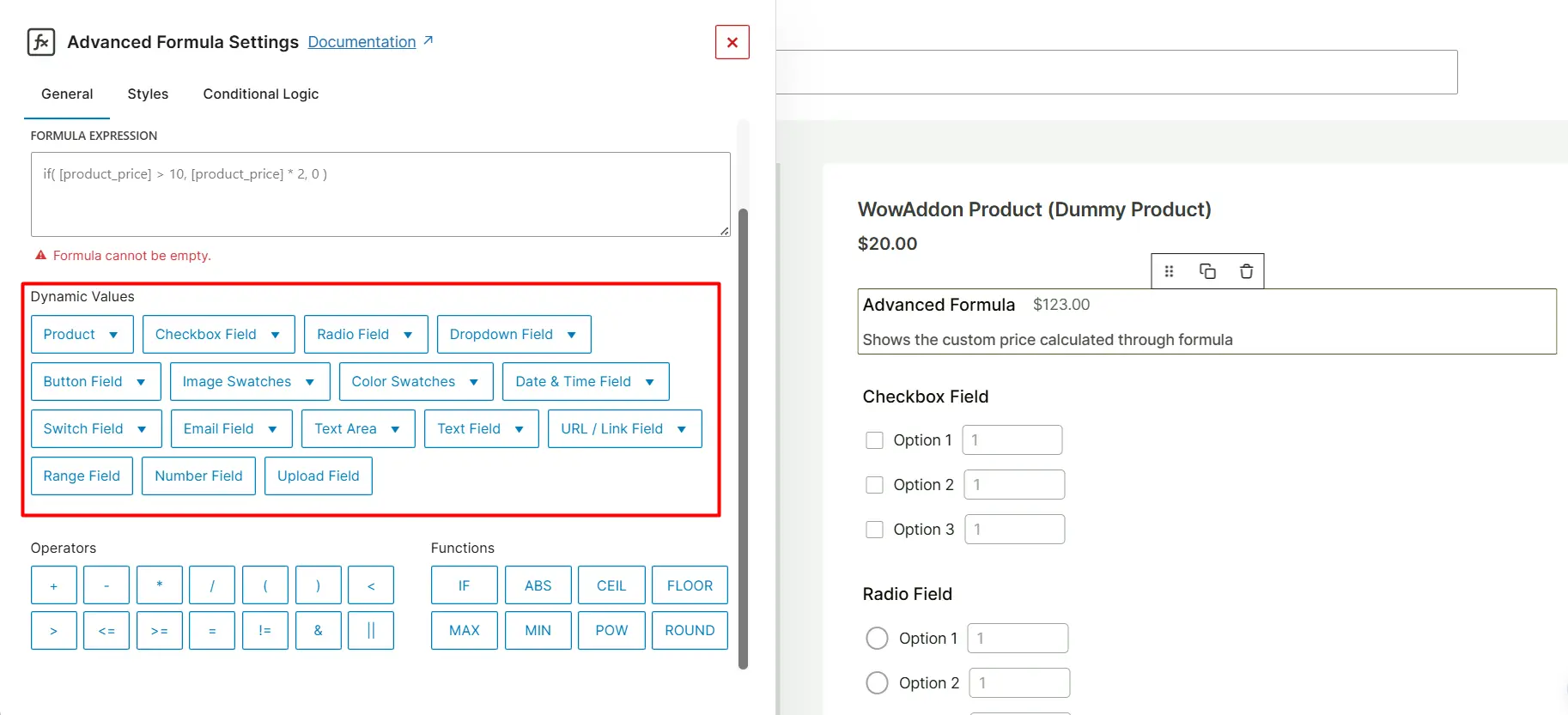 advanced formula field dynamic values