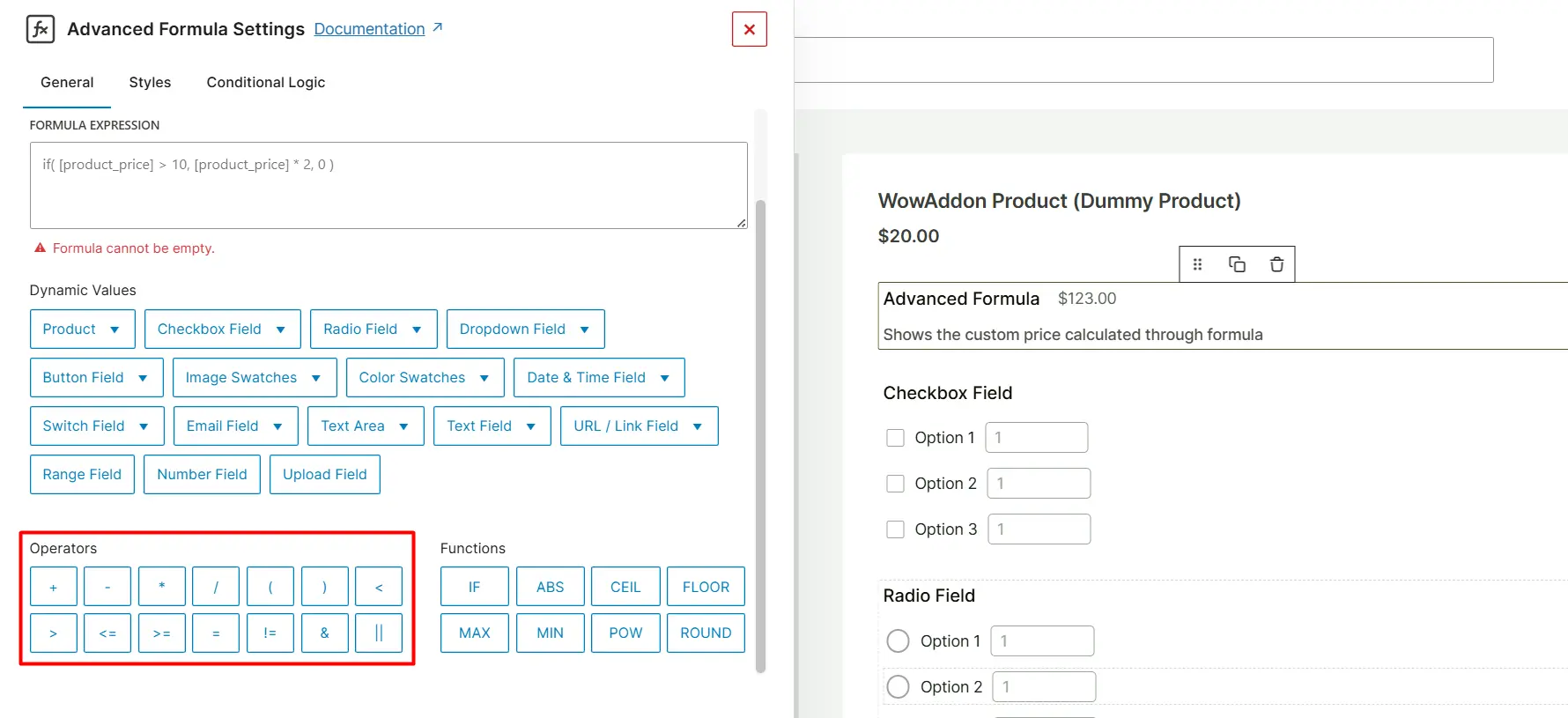 advanced formula field Operators