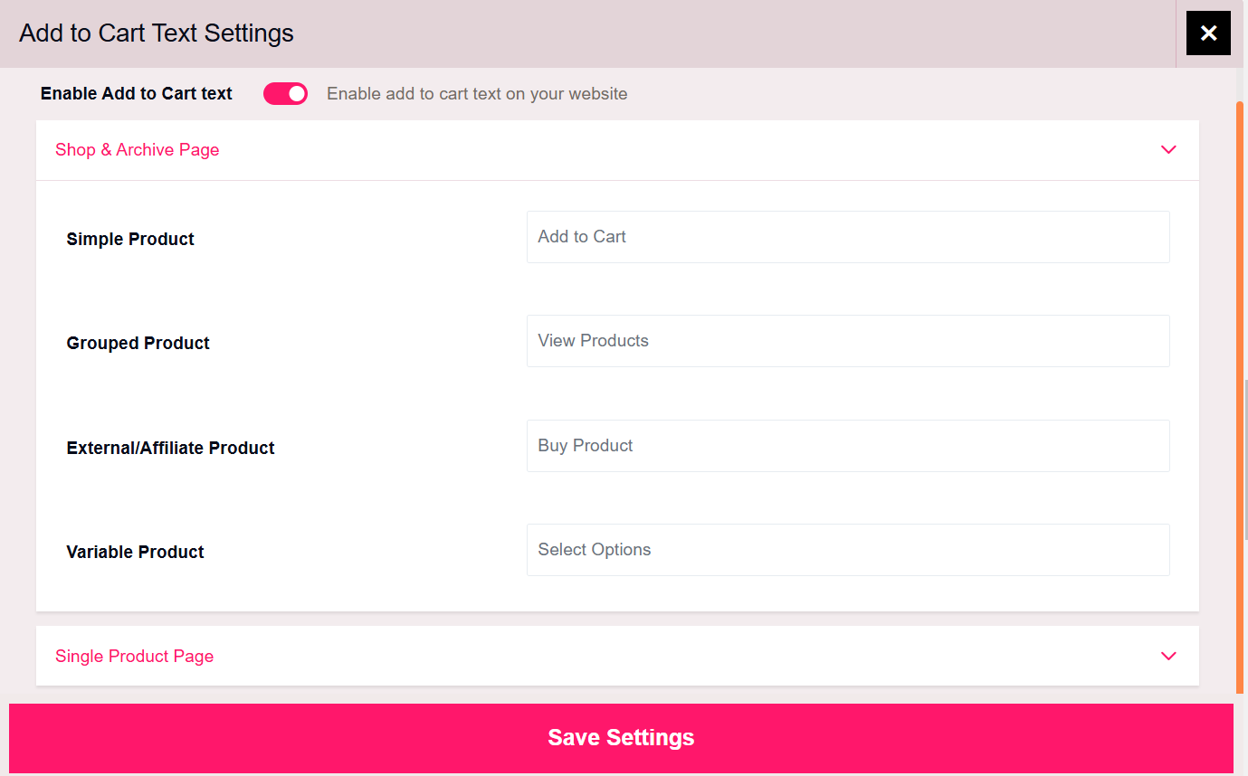 Add to Cart Text Addon Settings