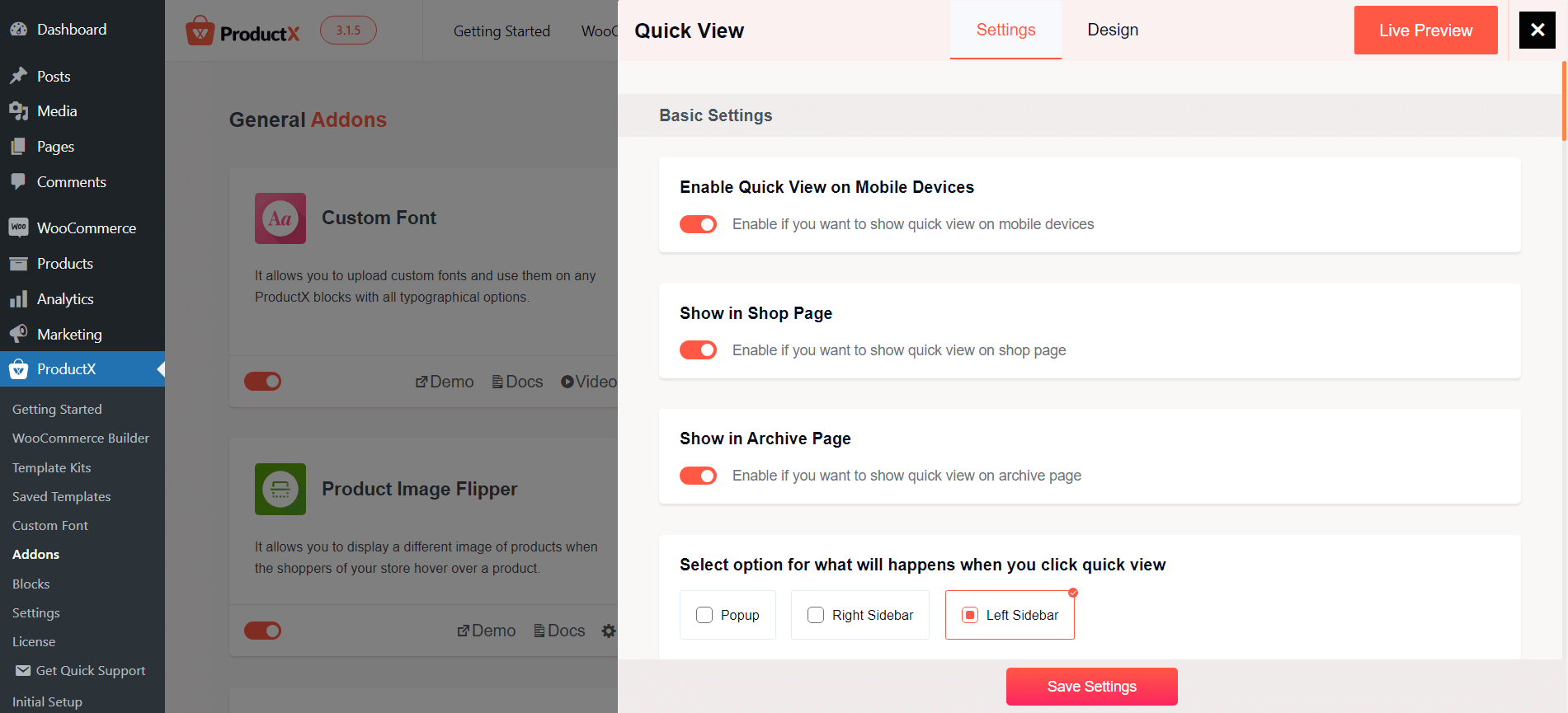 Quick View Settings