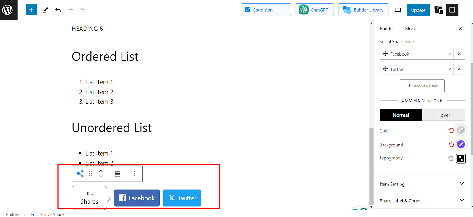 customize post share button block for a specific post