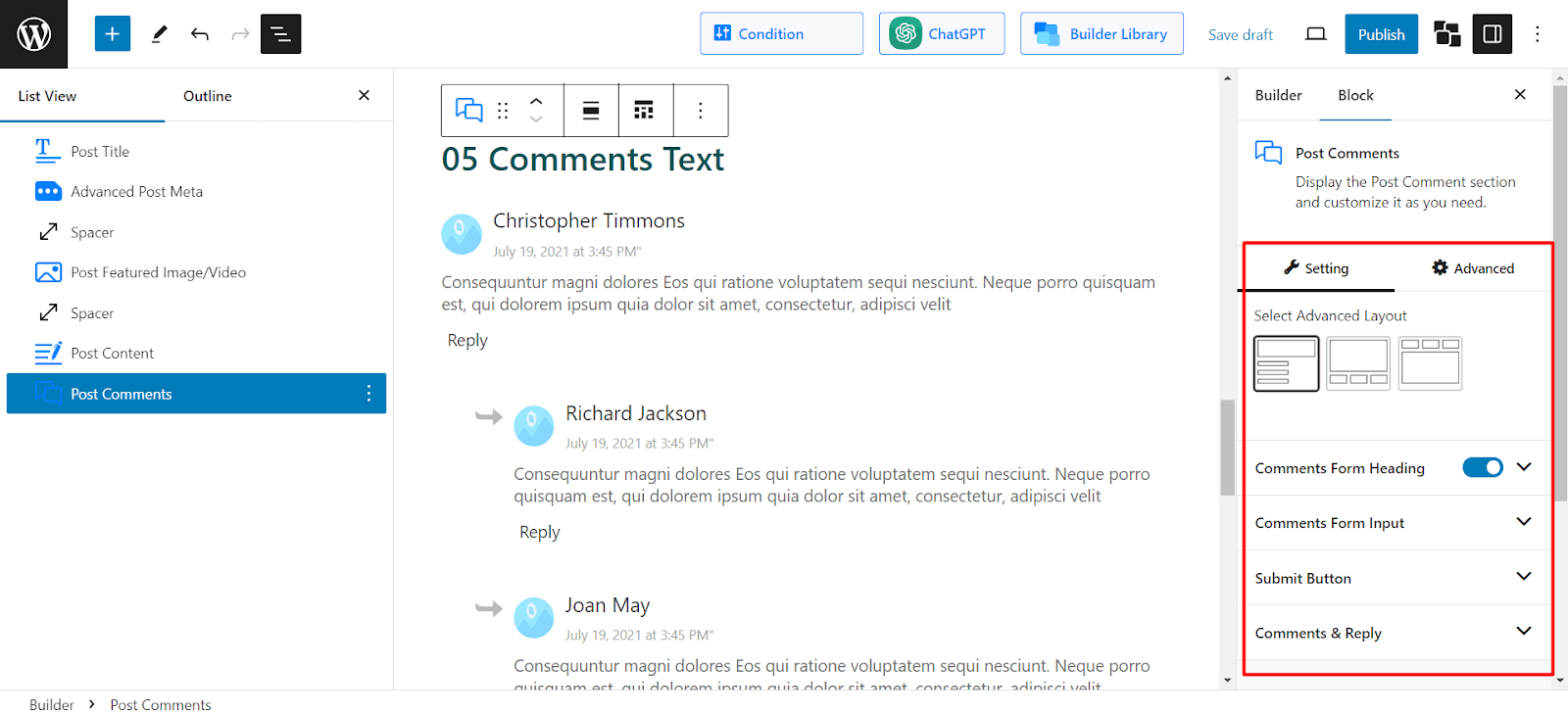 post comments block settings