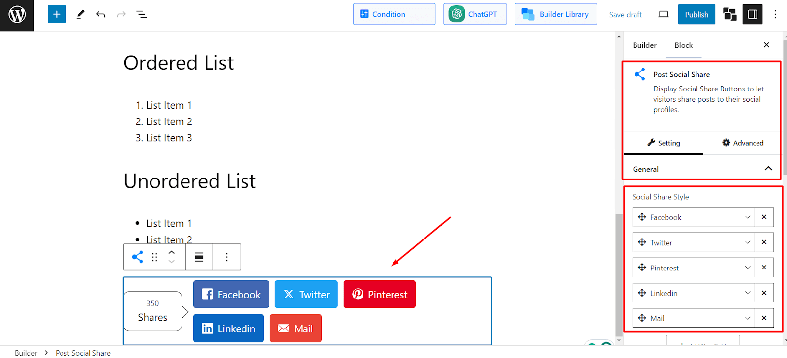 post social share block settings
