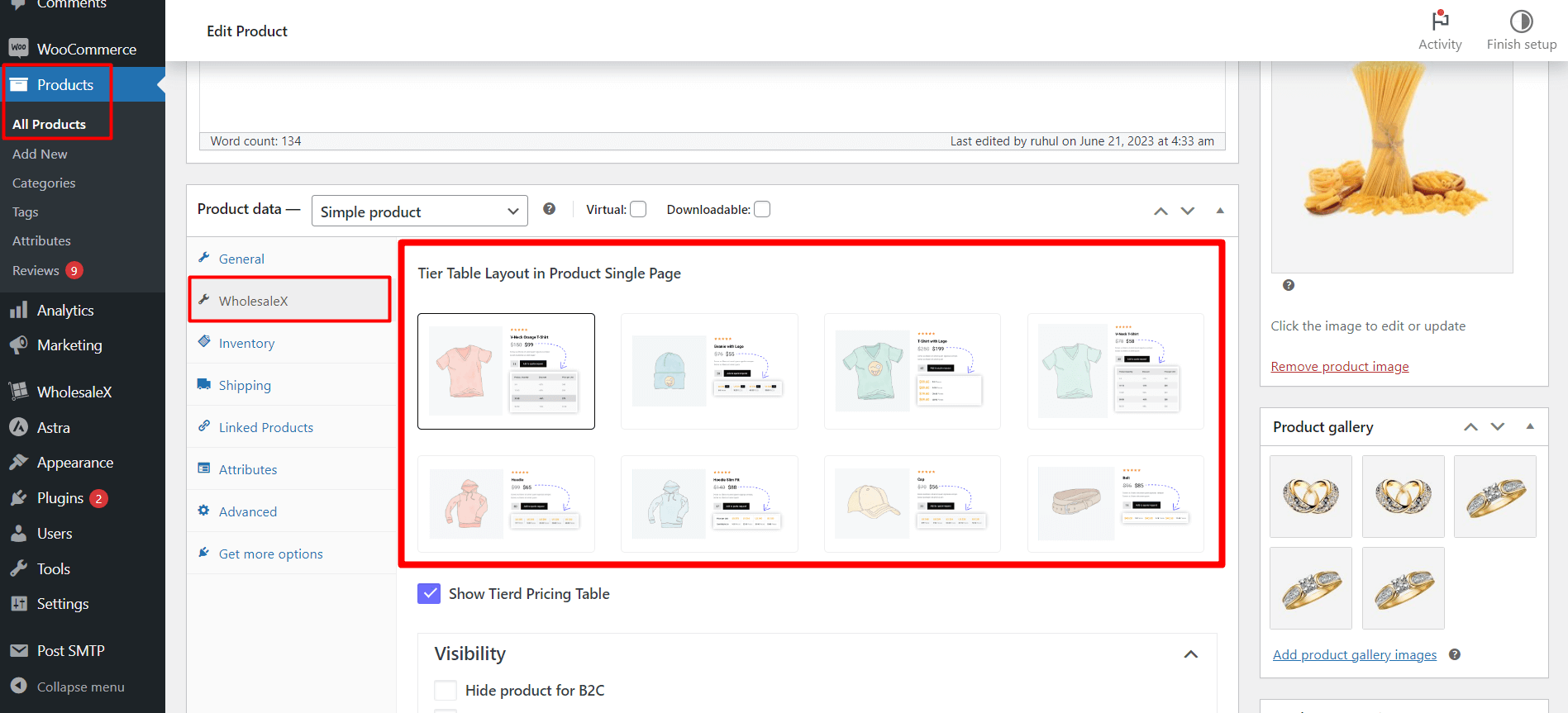 Selecting Tier Table Layout from Product Editing Page