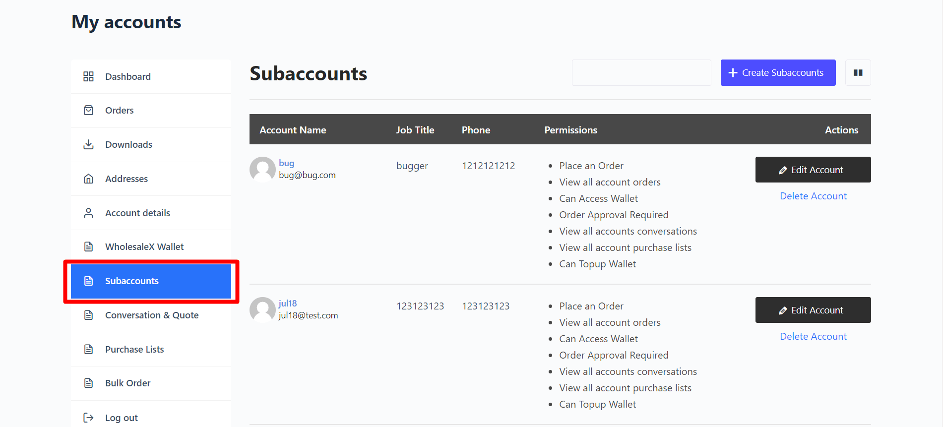 Users Subaccounts Section