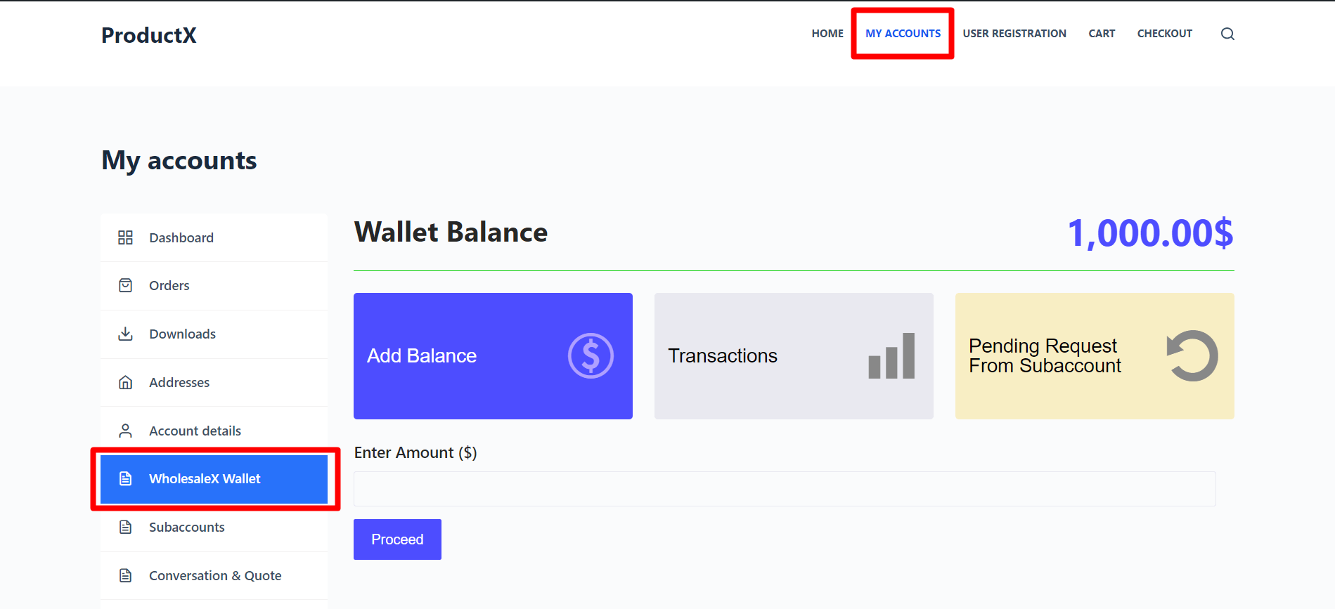 WholesaleX Wallet Section for User