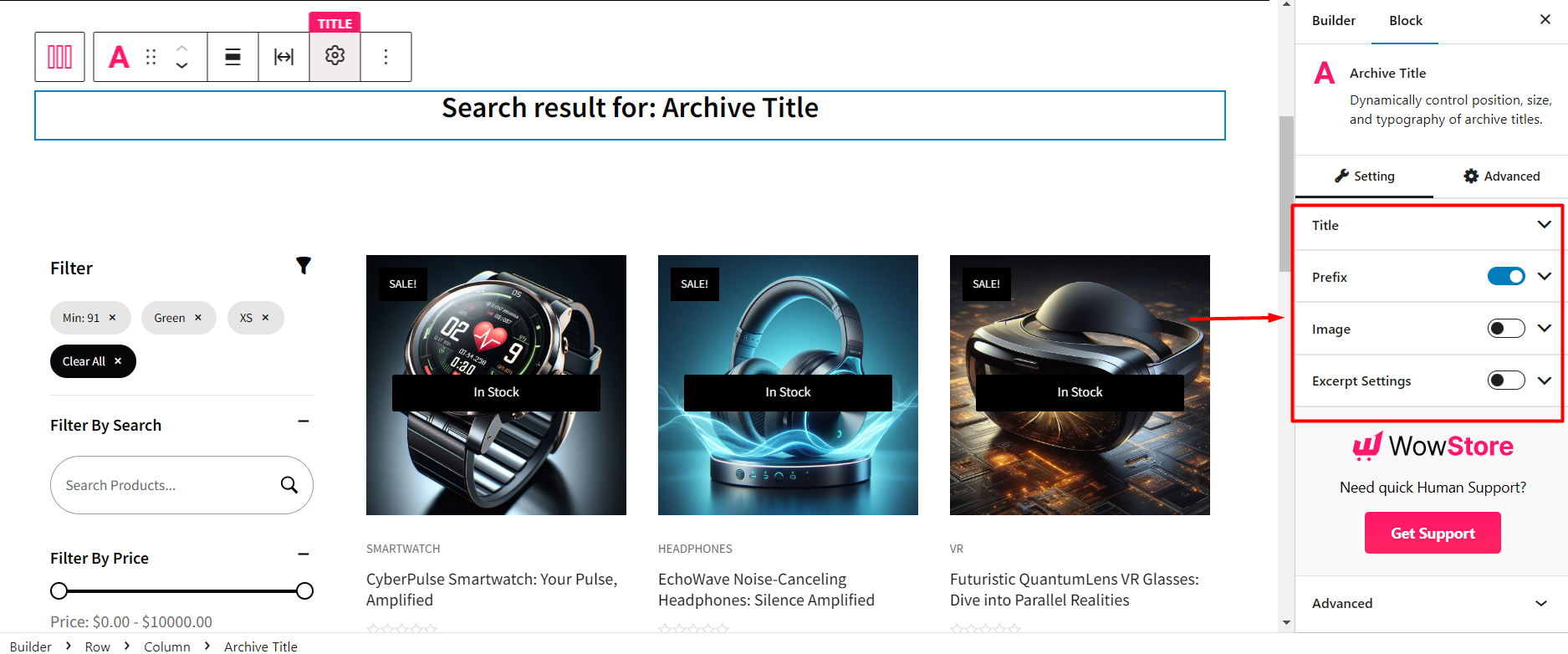 customize the archive title block for a unique search result page