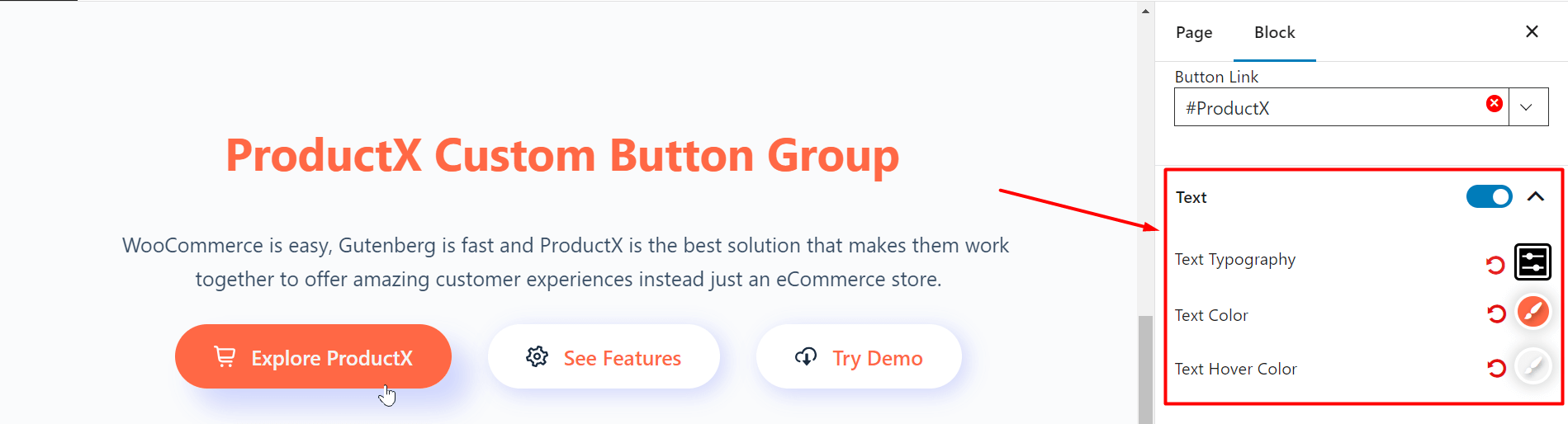 Button group text settings 