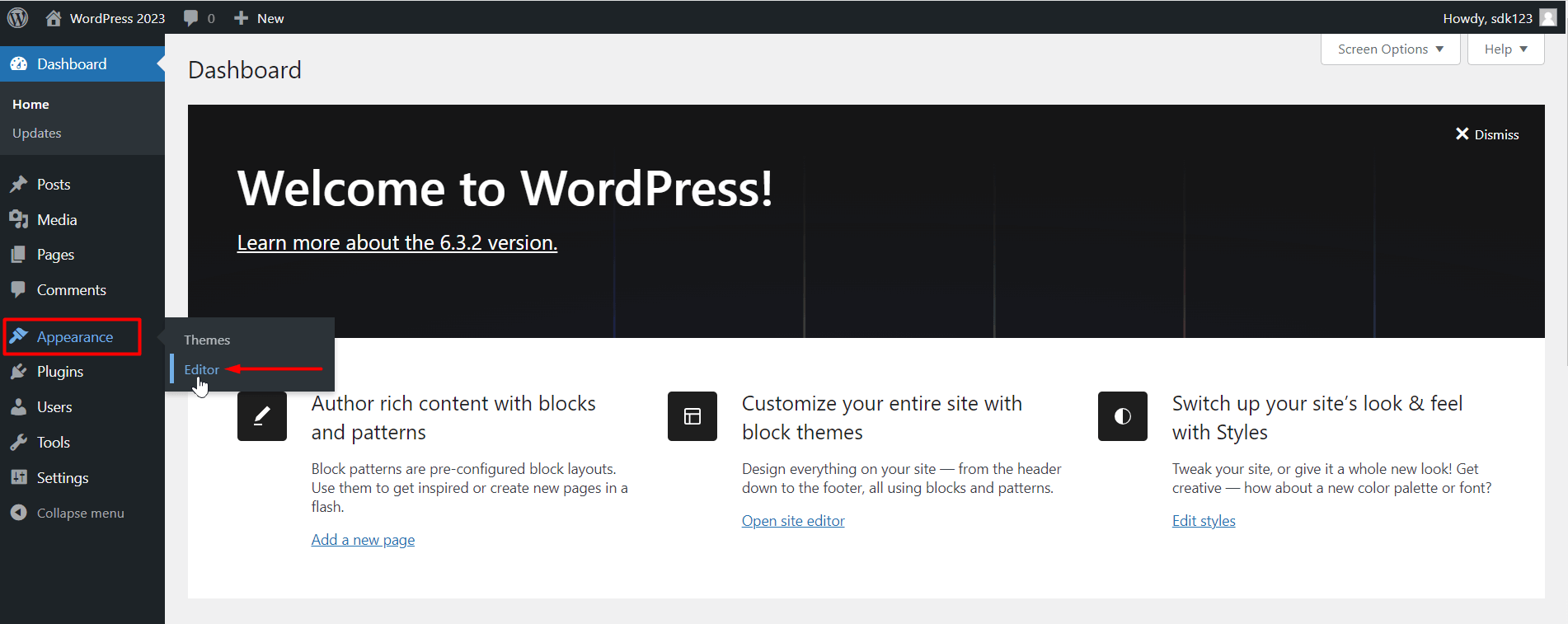 Accessing the 2023 WordPress Theme Editor