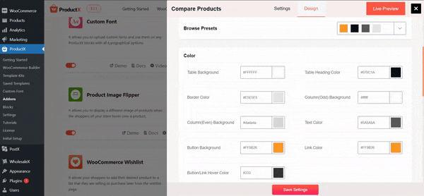 WooCommerce Product Compare Table Live Preview