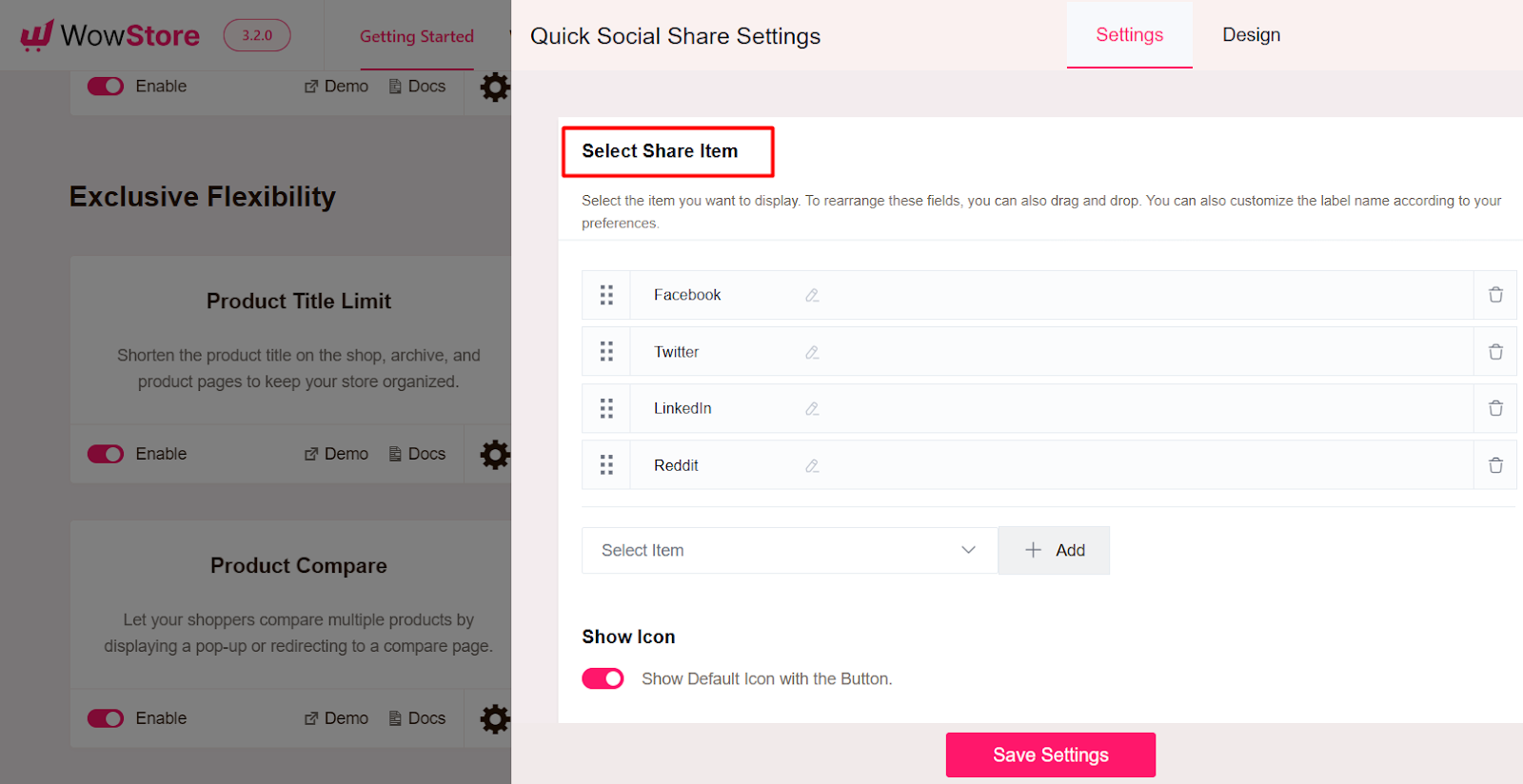 add or remove social share items