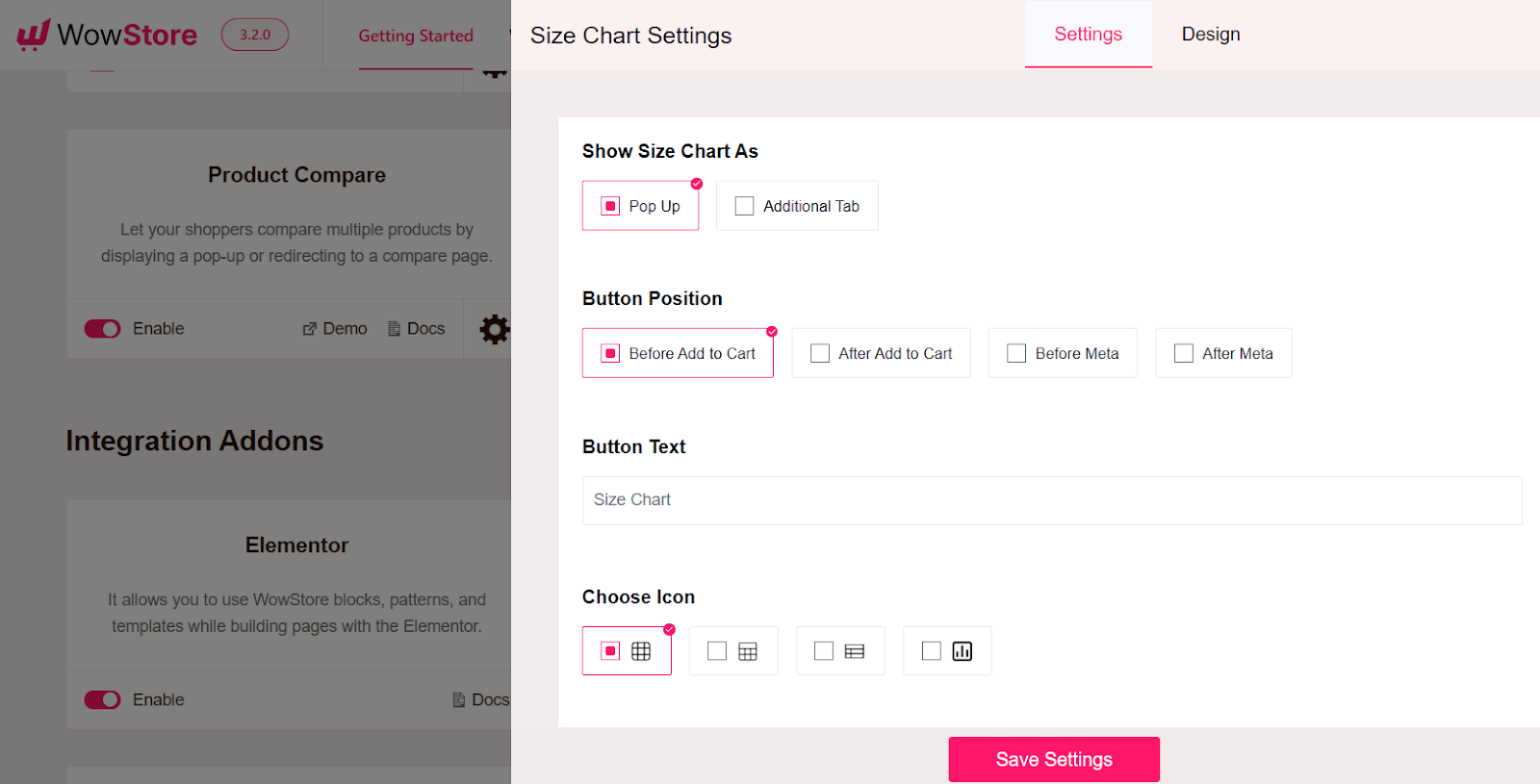 customize the size chart feature