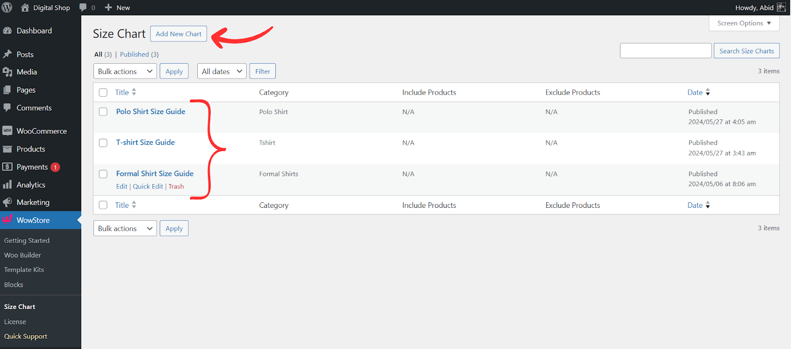 set up size chart in WooCommerce