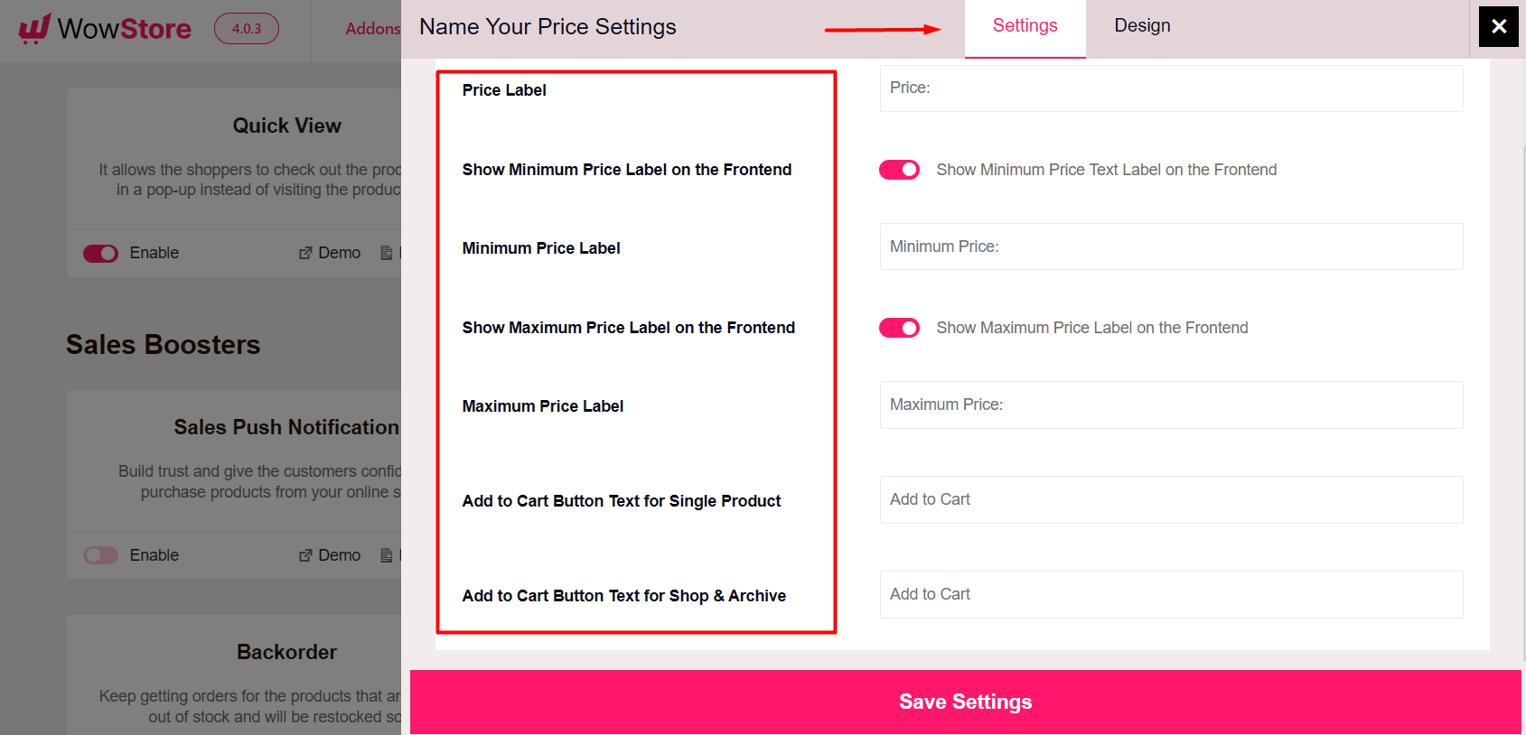 customize settings for name your price addon