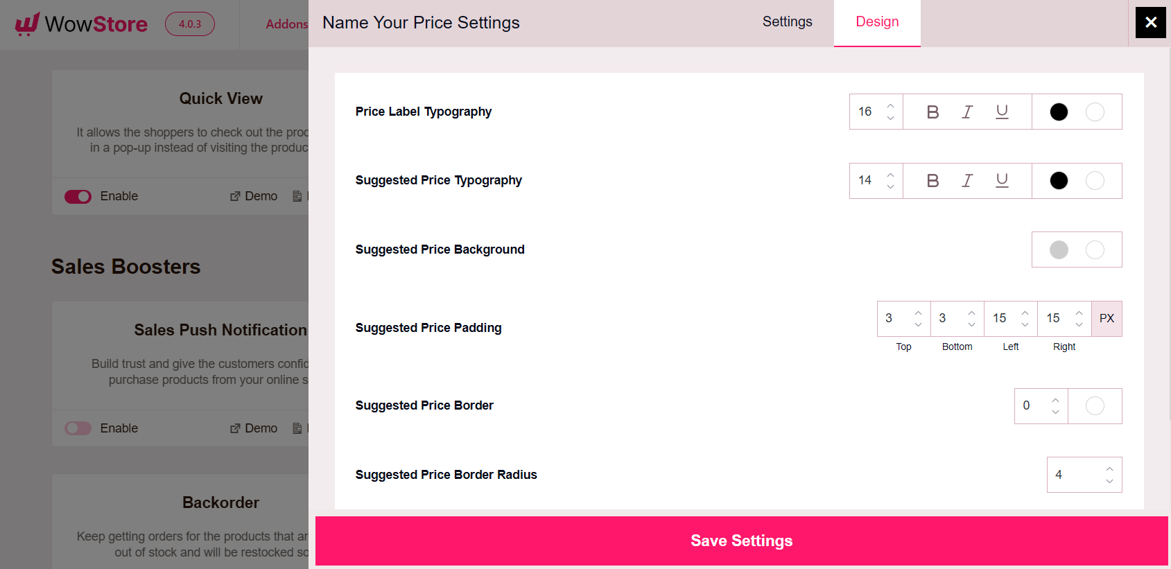 customize the design for name your price addon