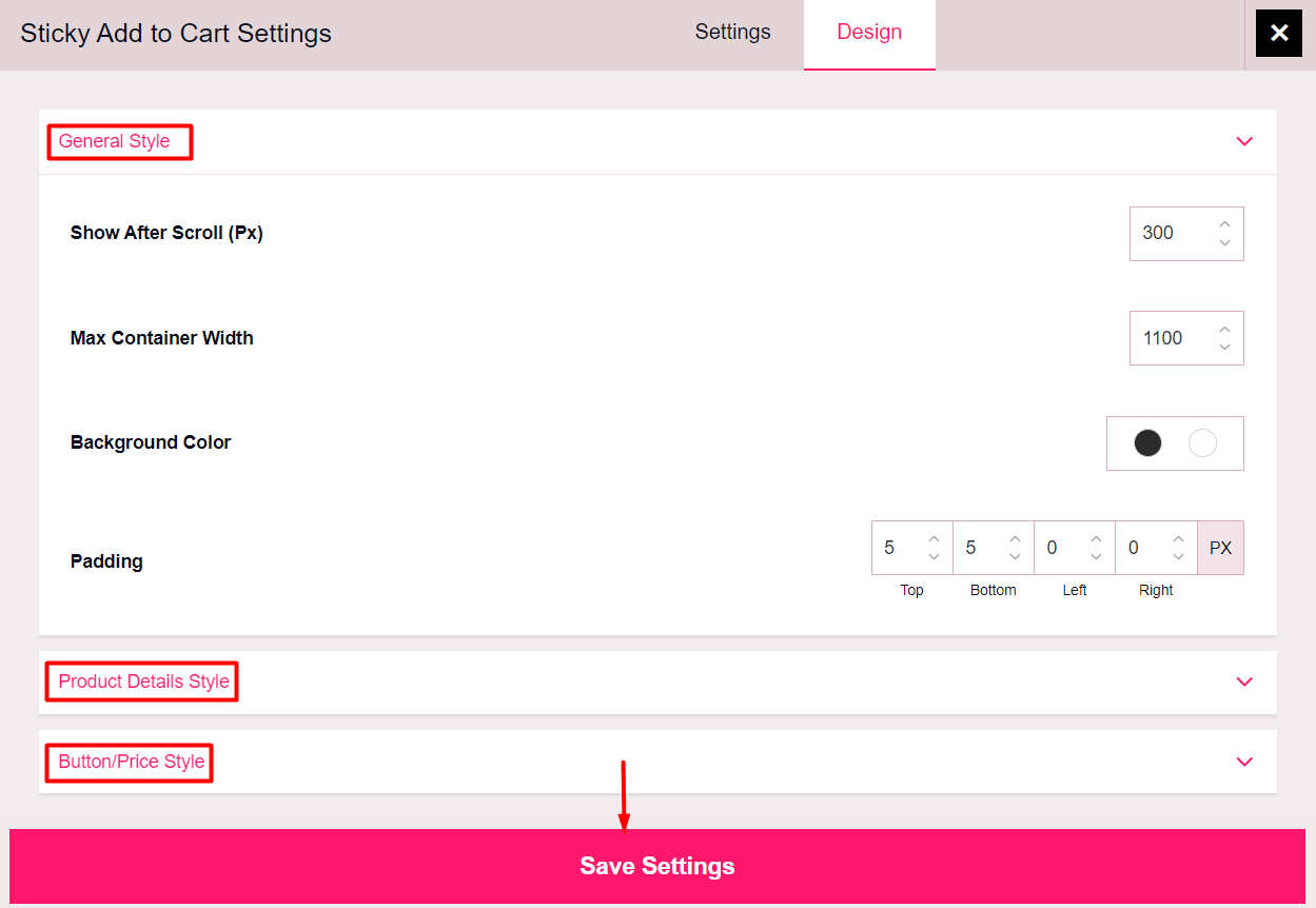 Design Settings for WowStore Sticky Add to Cart