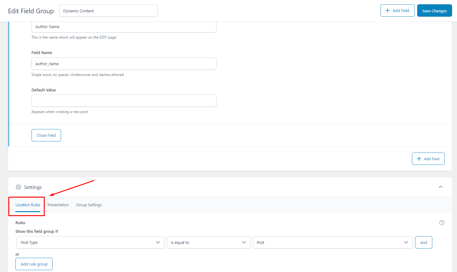 setting field group location rules