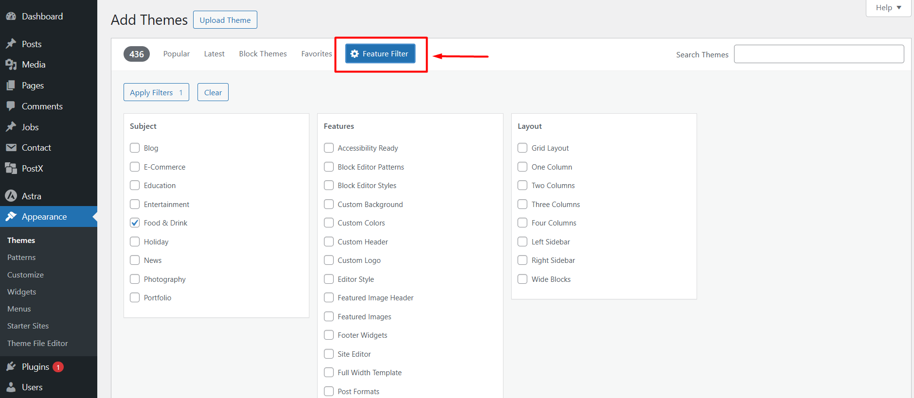 using feature filter to find the right theme for your blog