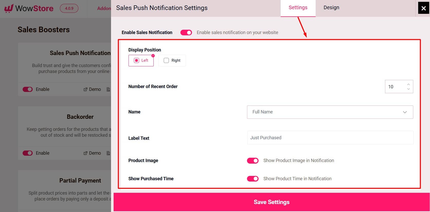 Configure the Live Sales Notification Settings