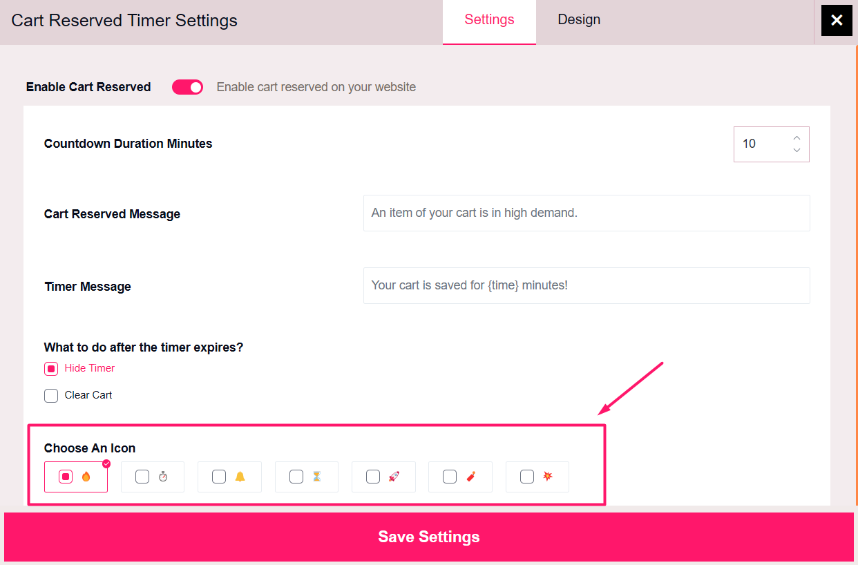 choose icon to design the cart timer