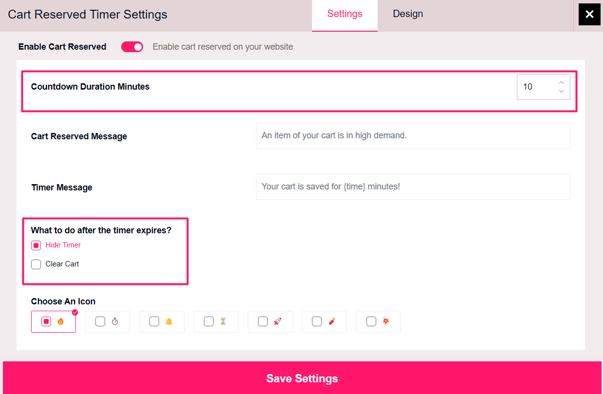 set up cart timer behavior